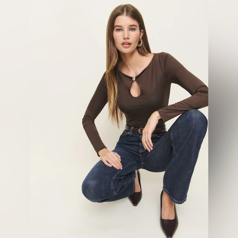 Reformation Brown Keyhole Long-Sleeve Top